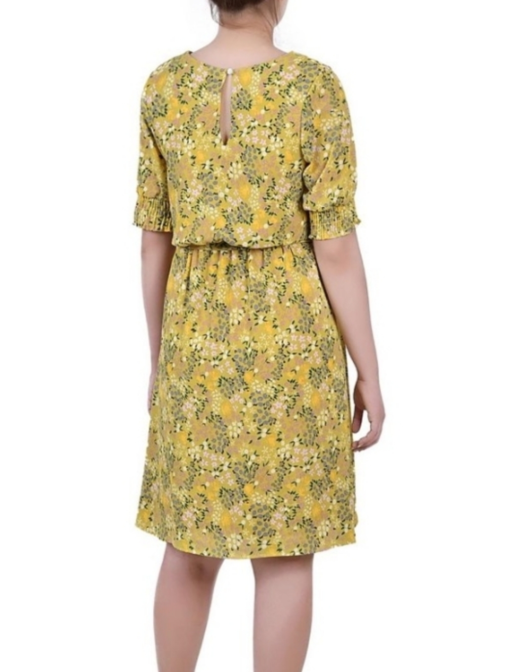 NWT NY Collection Dress Floral Yellow Knee Length Large Elastic Waist Bohemian - Picture 2 of 4